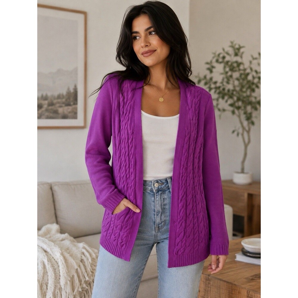 Lands End Drifter Women’s Size M Purple Open Cardigan Sweater Cable Knit